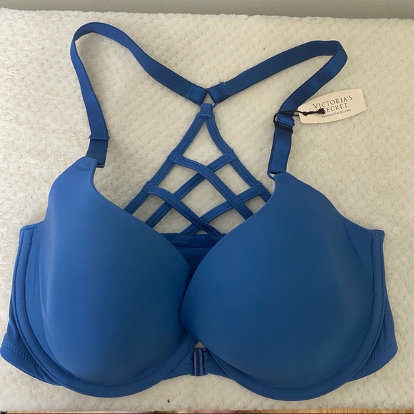 NWT Victoria Secret Blue Lined Demi Front Closure Bra With Criss Cross Back 32DD - Picture 1 of 11